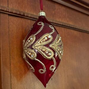 Holiday Glass Teardrop Ornament in Red with Gold Accents